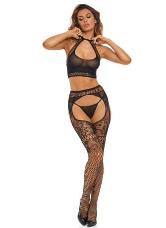 Ensemble 2 pièces en résille fantaisie - REN7115-BLK